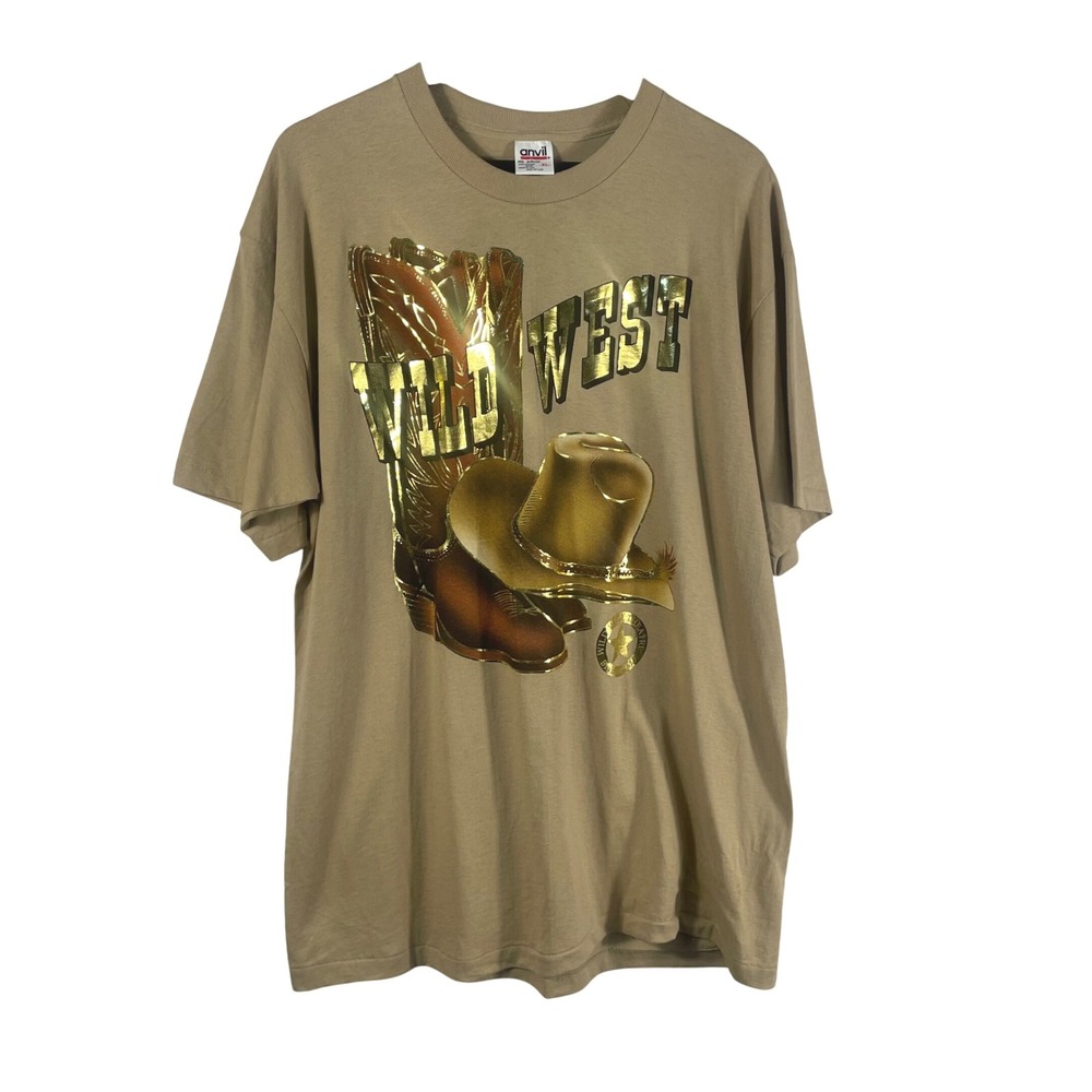 Vtg 90s Wild West Cowboy Boots Hat Graphic T-Shirt XL USA Anvil‎ Gold Foil